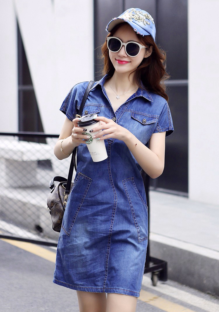 Đầm Jean Suông Cổ Sơ Mi Túi Xéo